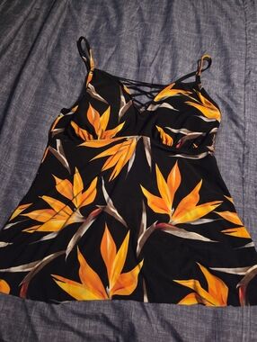 Magic Suit Black Tropical Floral Tankini Top with Orange Yellow